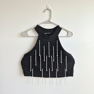 Zara Black Ribbed Crop Top with Bead Accents